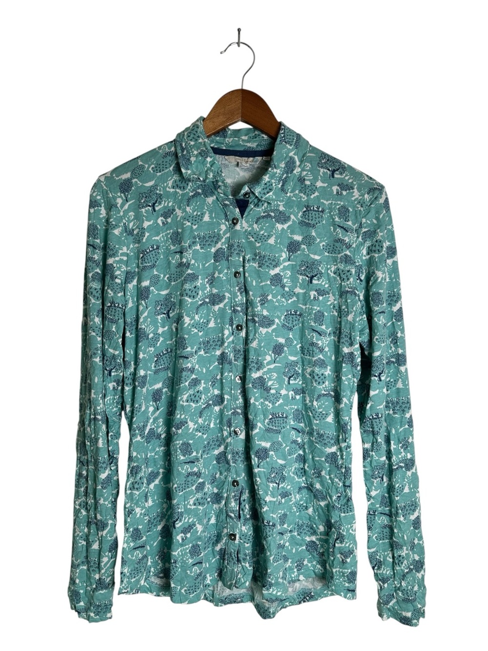 Boden Women’s 10 Teal Vintage Woodland Tree Print Long Sleeve Button Shirt